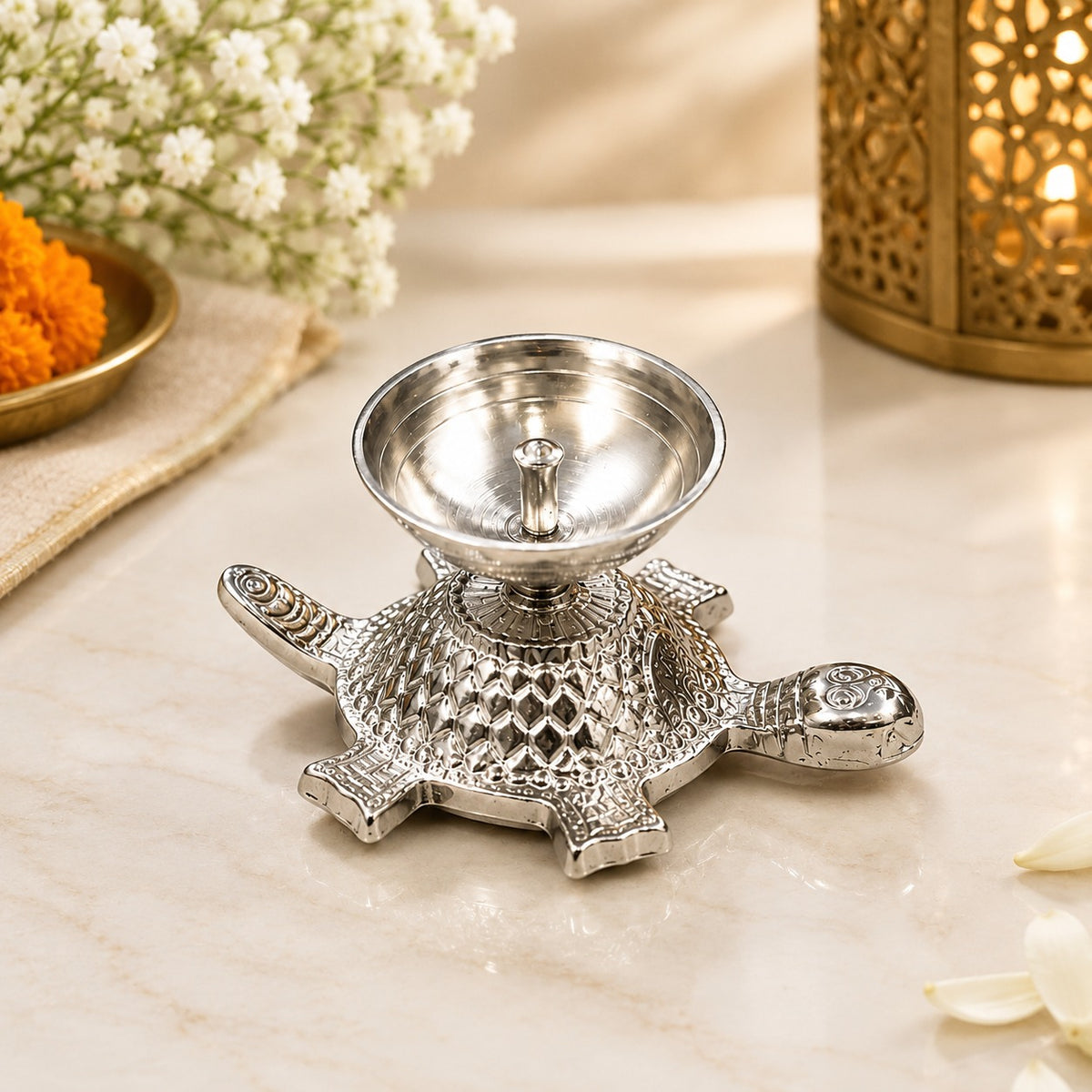 Turtle Shaped Decorative Diya Lamp Silver Finish
