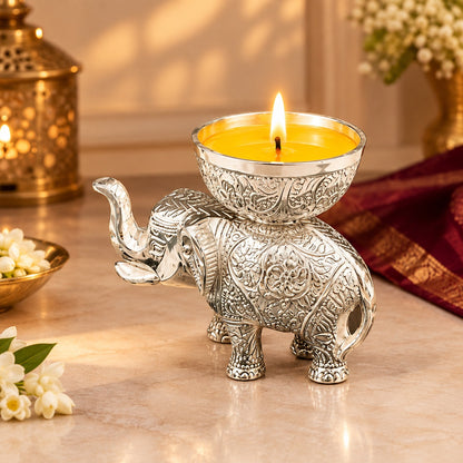 Decorative Silver Elephant Diya With Wax Inside
