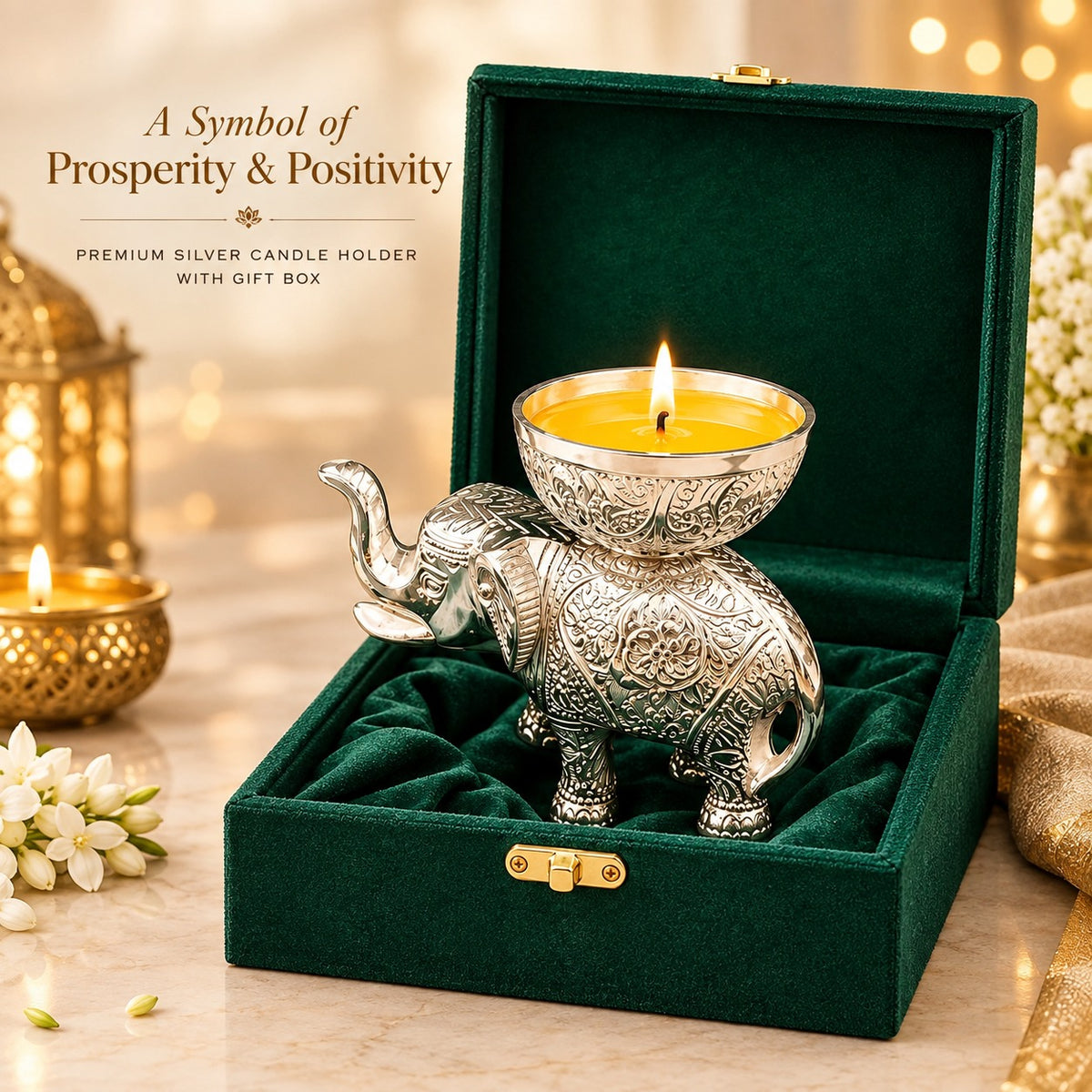 Decorative Silver Elephant Diya With Wax Inside