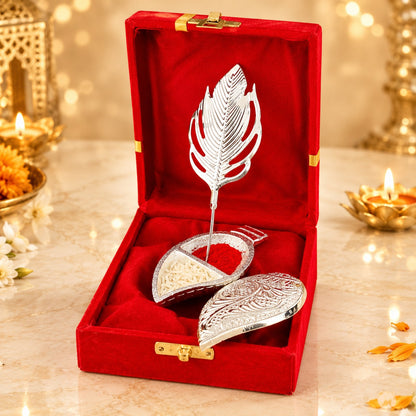 Silver Leaf Shaped Pooja Roli Chawal Gift Set