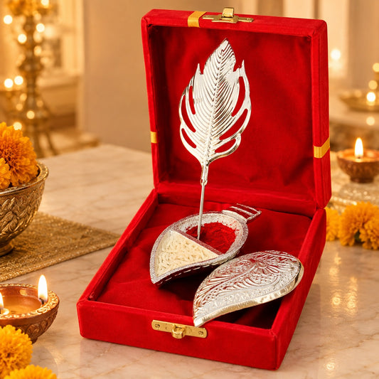 Silver Leaf Shaped Pooja Roli Chawal Gift Set