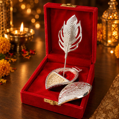 Silver Leaf Shaped Pooja Roli Chawal Gift Set