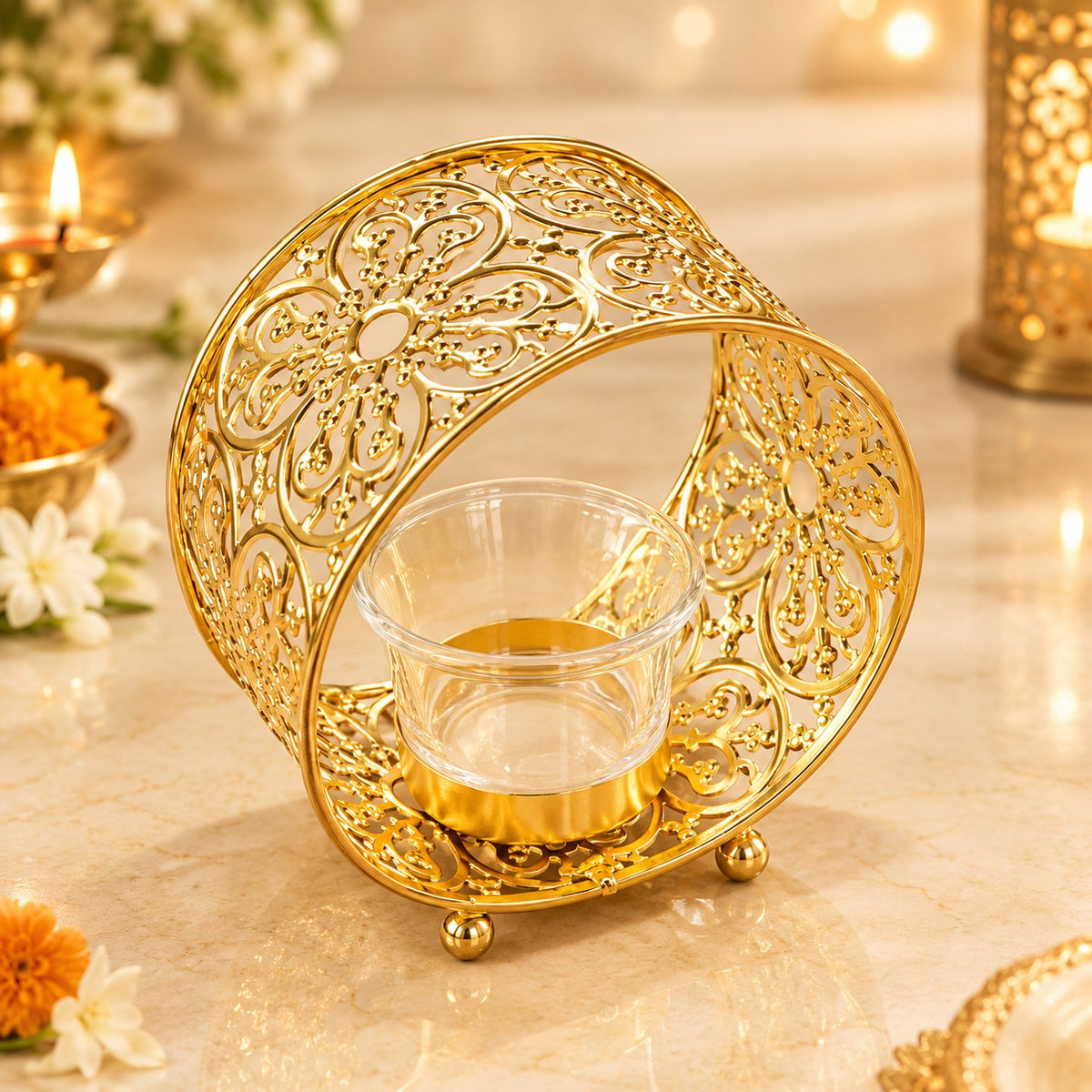 Gold Filigree Diya Holder Decorative Table Decor