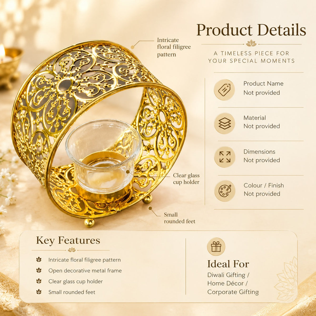 Gold Filigree Diya Holder Decorative Table Decor