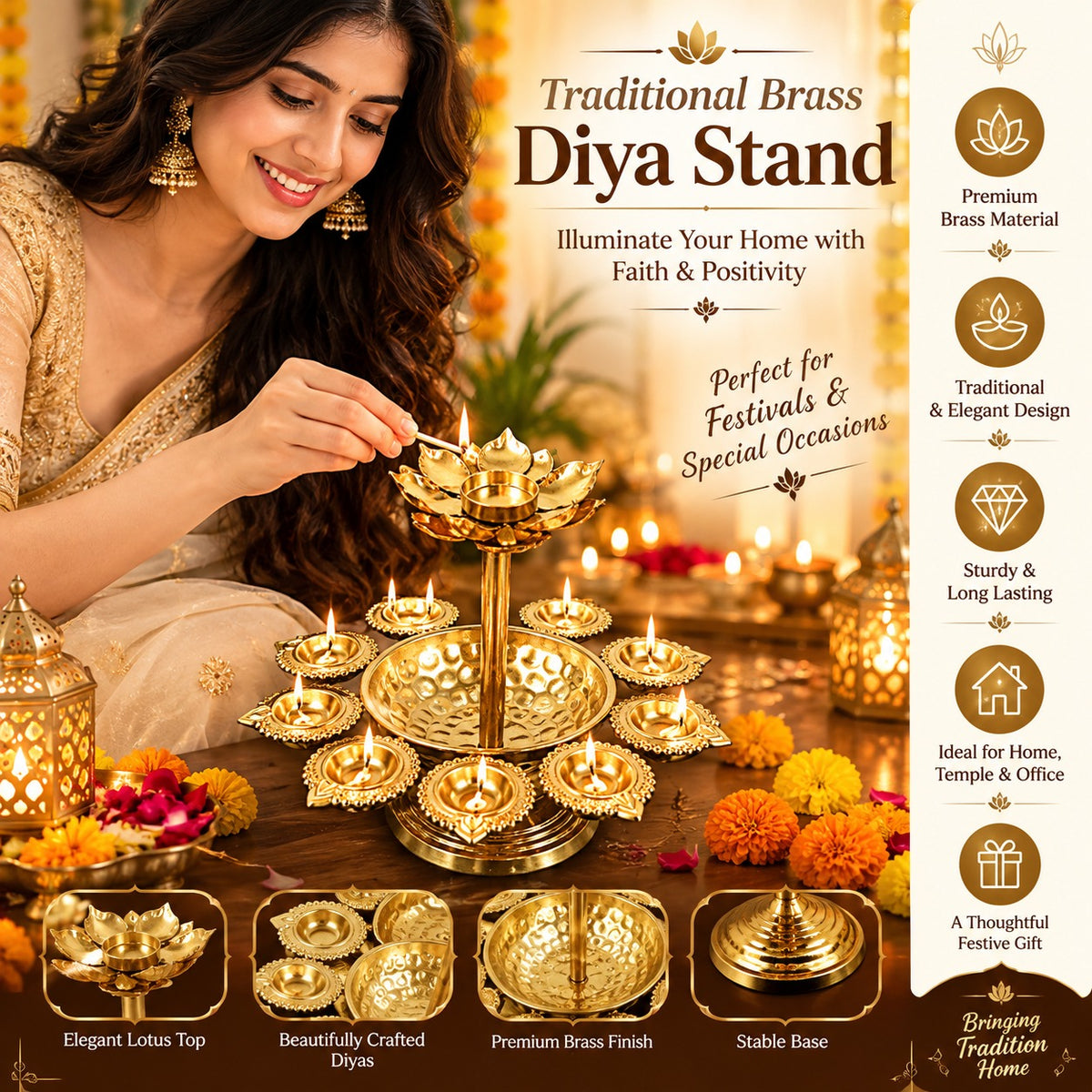 Golden Lotus Decorative Diya Set For Home Decor