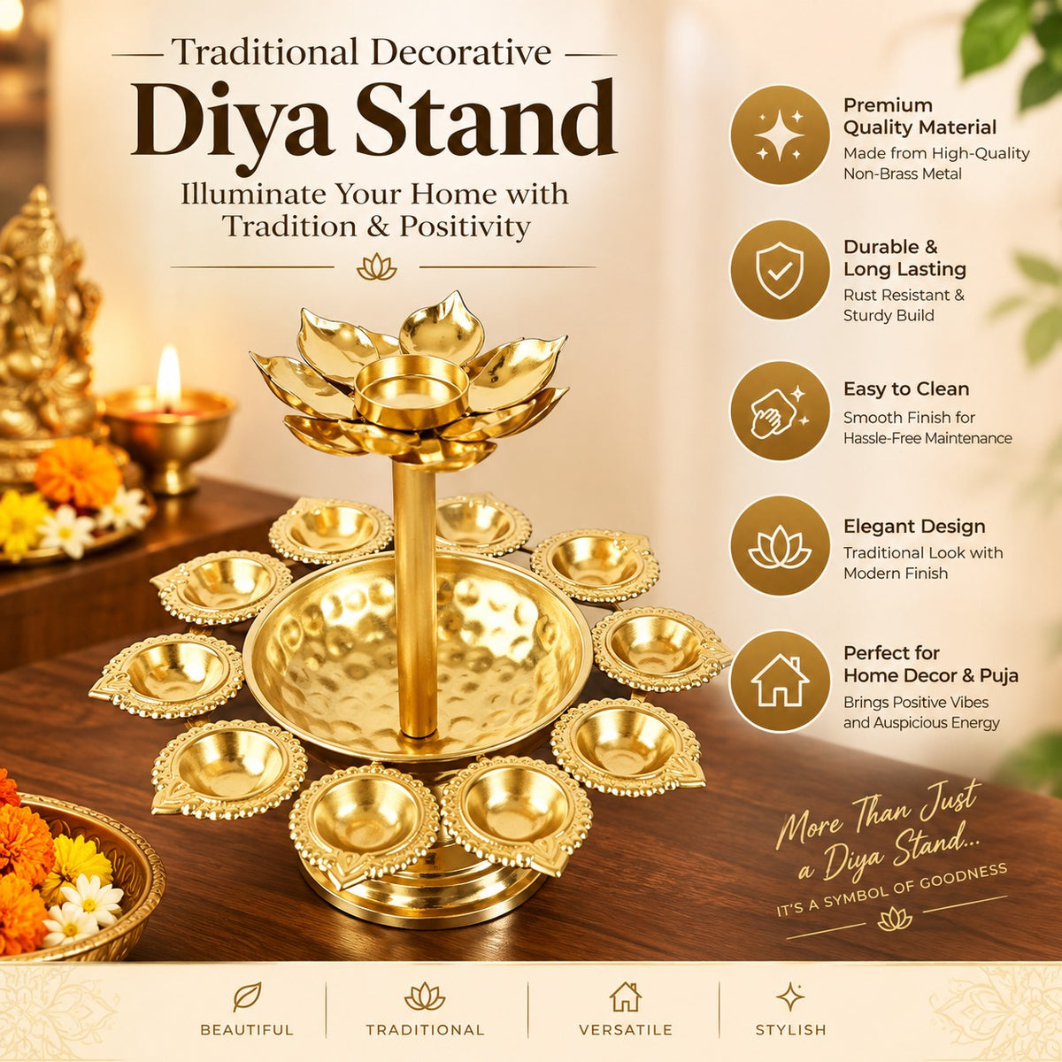 Golden Lotus Decorative Diya Set For Home Decor
