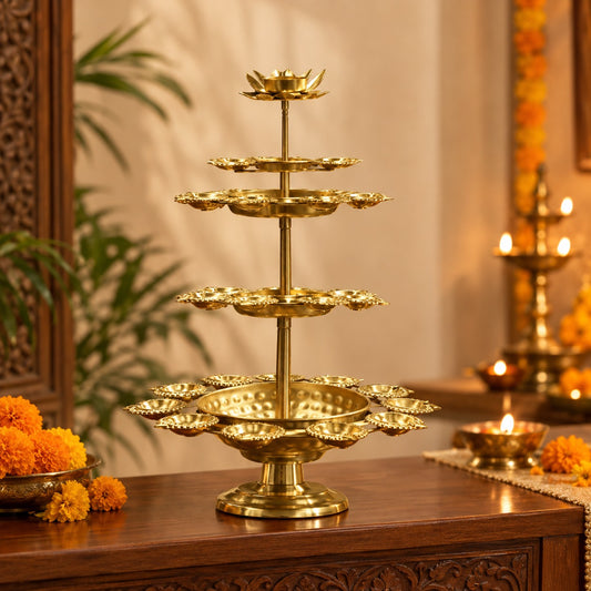Gold Lotus Multi Diya Stand Decorative Pooja Decor