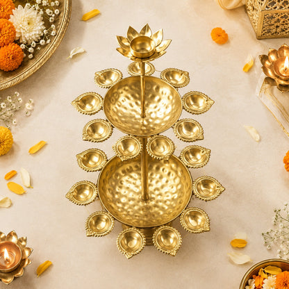 Gold Lotus Multi Diya Stand Decorative Pooja Decor