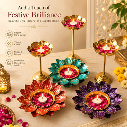 Decorative Floral Diya Set for Diwali Decor