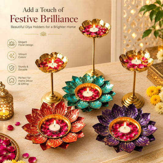 Decorative Floral Diya Set for Diwali Decor