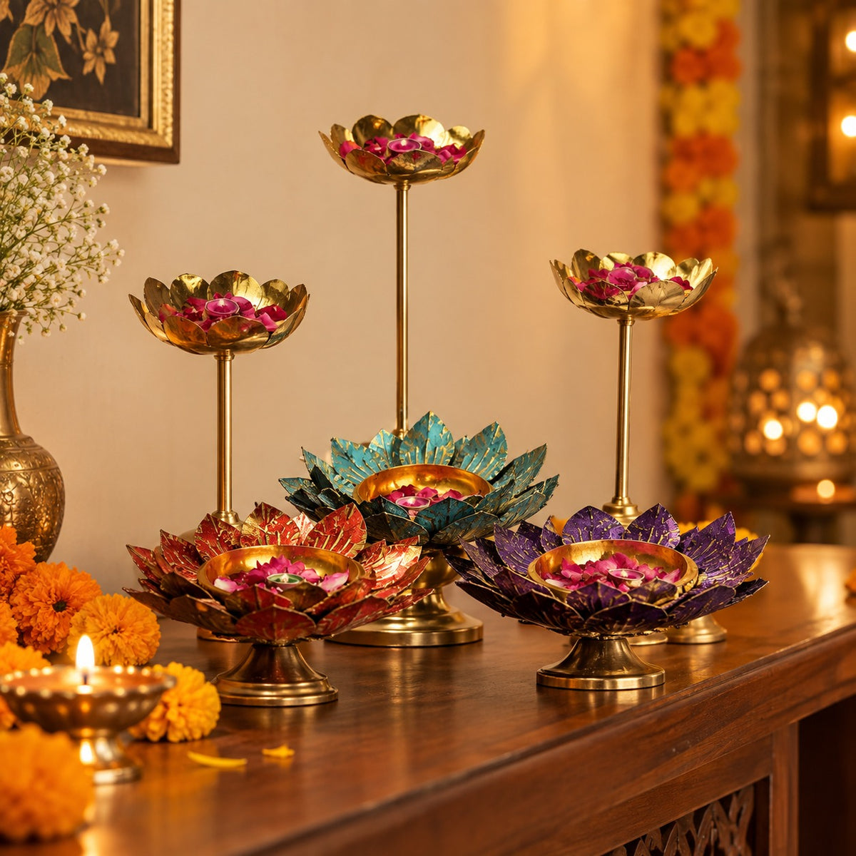 Decorative Floral Diya Set for Diwali Decor