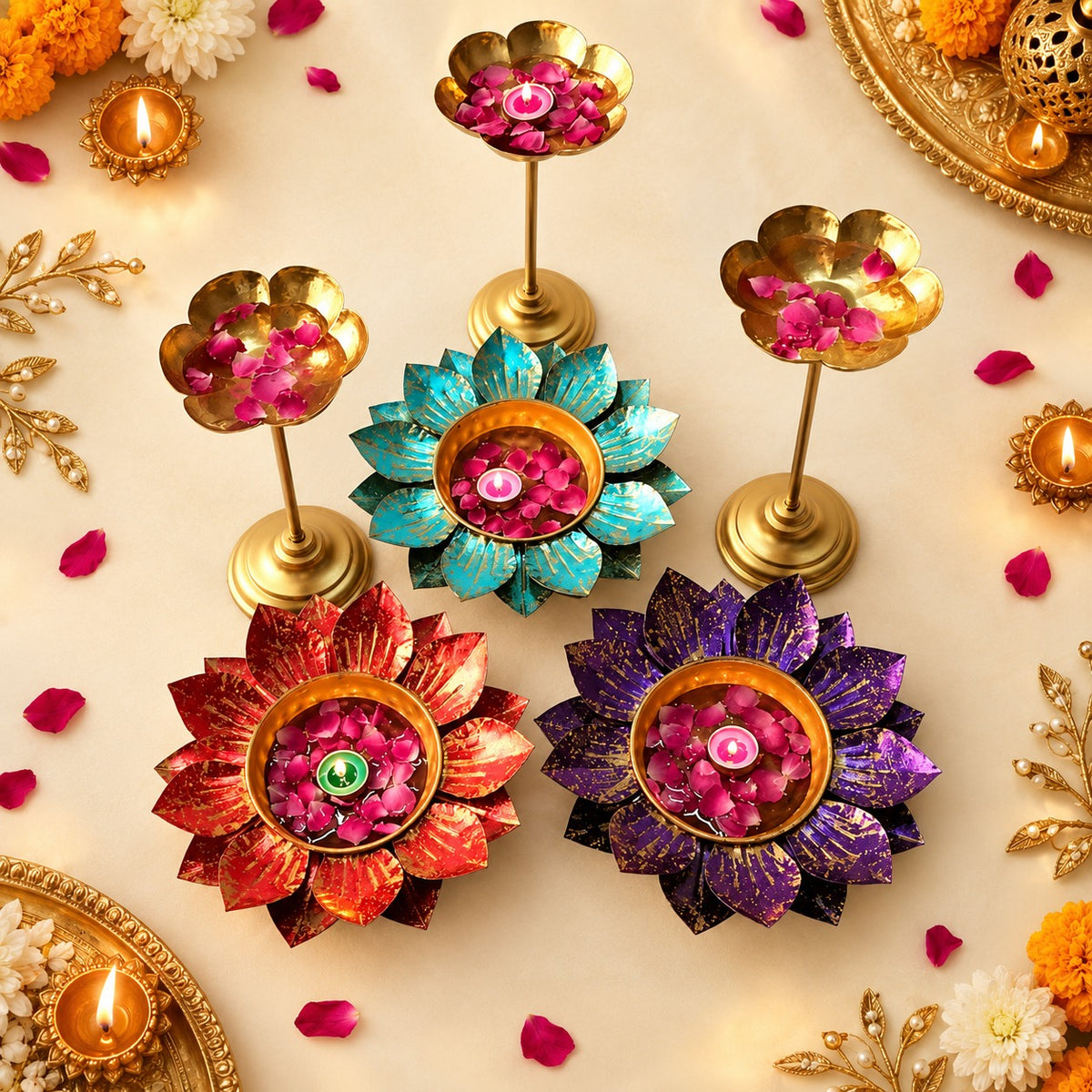 Decorative Floral Diya Set for Diwali Decor