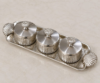 Luxury Silver Condiment Jar Set with Decorative Shell Handles