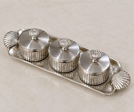 Luxury Silver Condiment Jar Set with Decorative Shell Handles