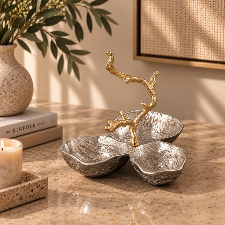 Luxury Hammered Silver Three-Section Serving Bowl with Gold Branch Handle