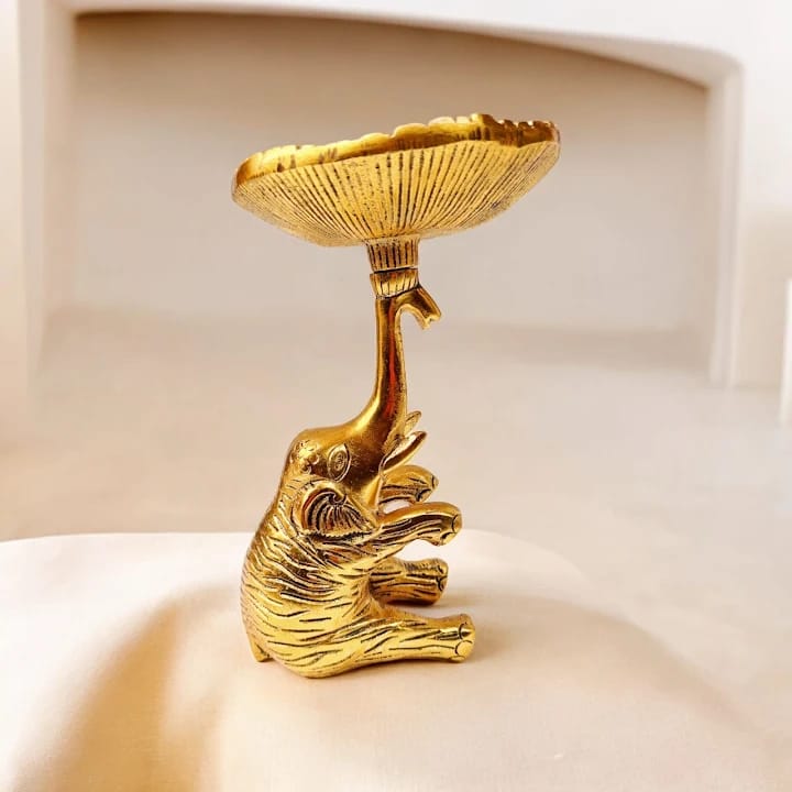 Elegant Gold Elephant Dish Stand – Decorative Metal Bowl Holder for Jewelry, Dry Fruits, Candles & Home Décor