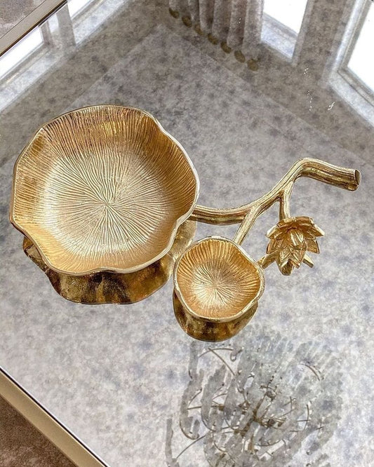 Elegant Gold Lotus Bowl Decorative Stand with Floral Branch Design