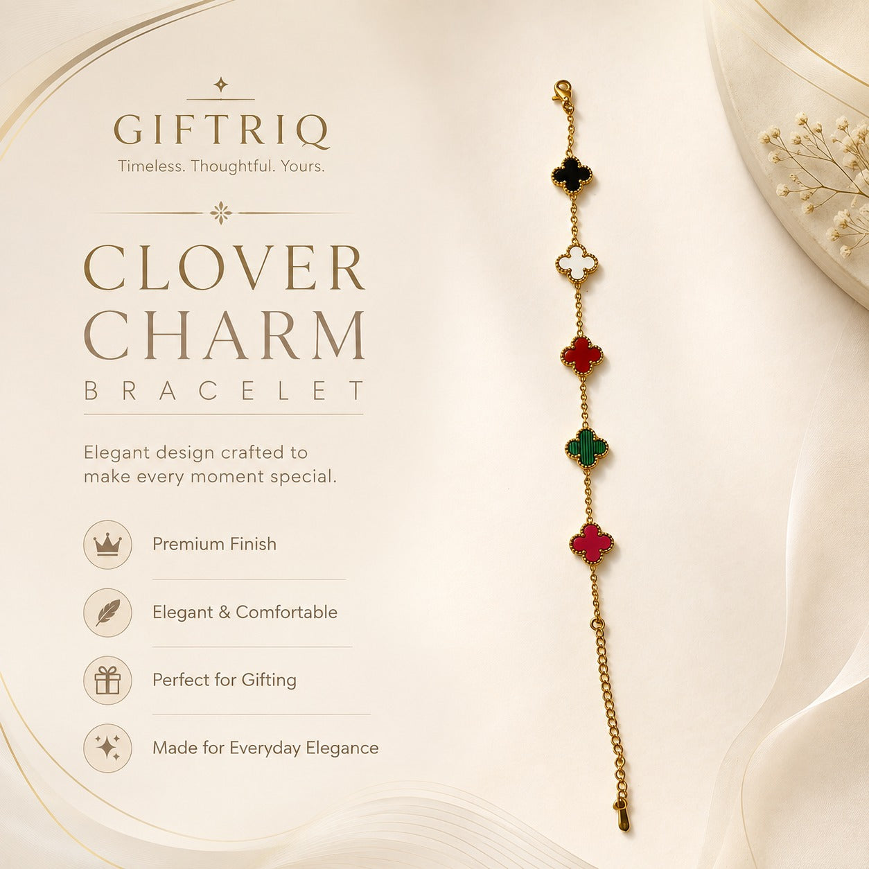 Gold Clover Charm Bracelet for Women