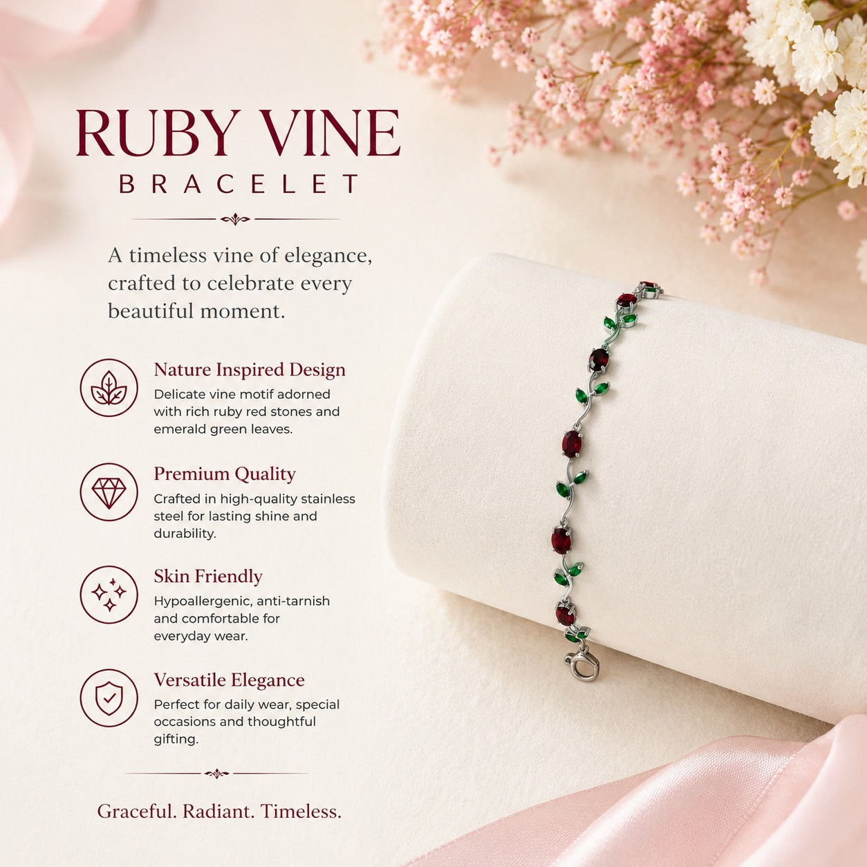 Silver Pink Crystal Vine Bracelet for Women