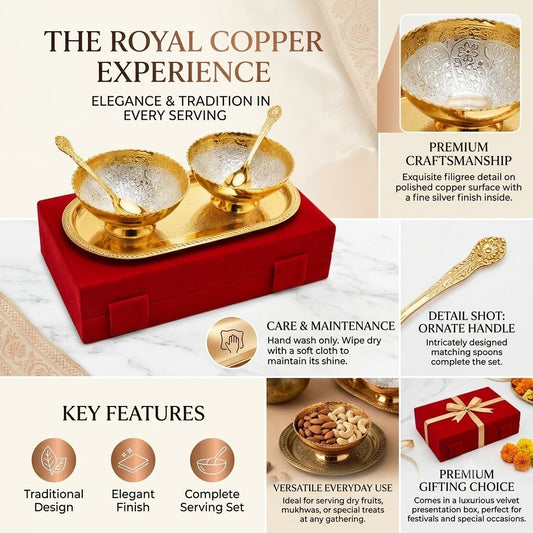 Gold Plated Serving Bowls with Spoons Tray Set