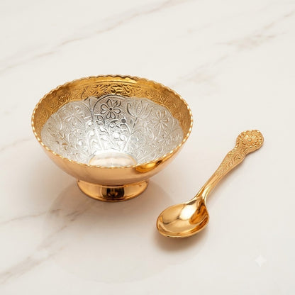 Gold Plated Serving Bowls with Spoons Tray Set