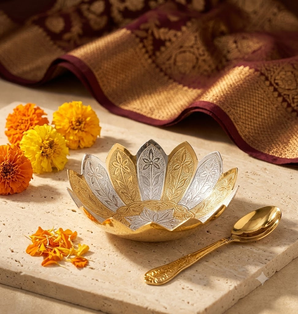 Gold Plated Lotus Bowl with Spoon Gift Set