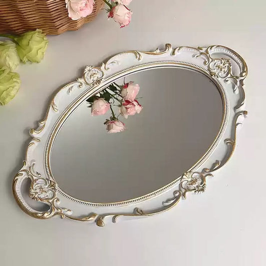 Elegant Gold & White Ornate Mirror Tray for Vanity, Perfume, Jewelry & Decorative Display