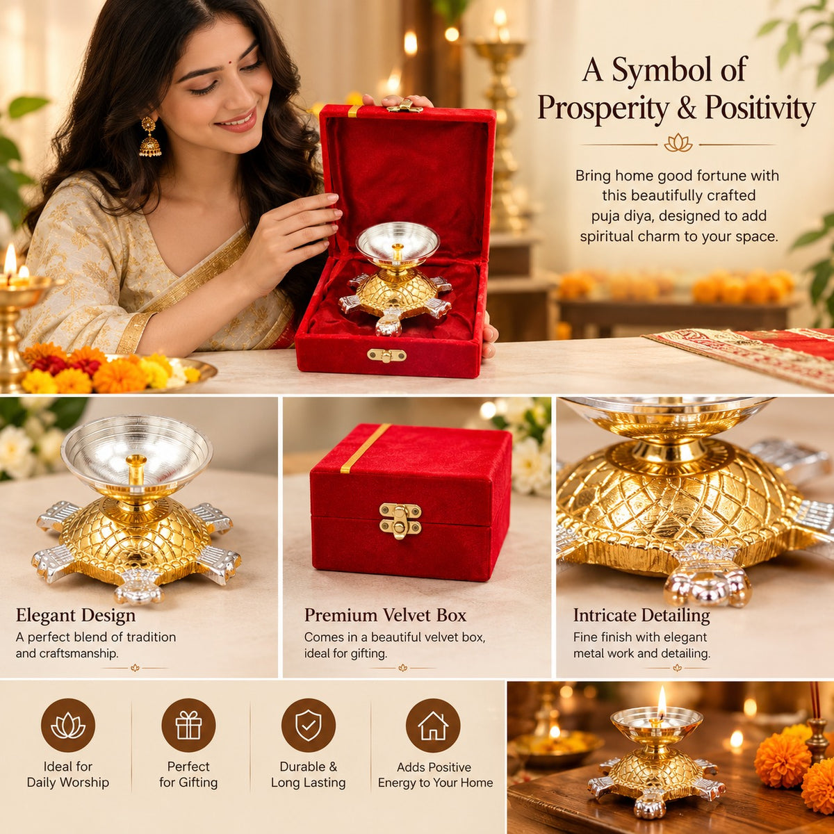Gold Silver Turtle Diya Decorative Gift Set