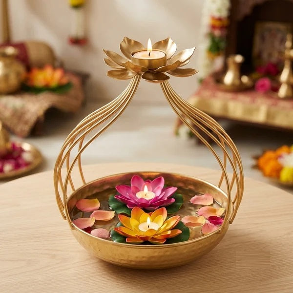 Golden Metal Lotus Urli Bowl Stand