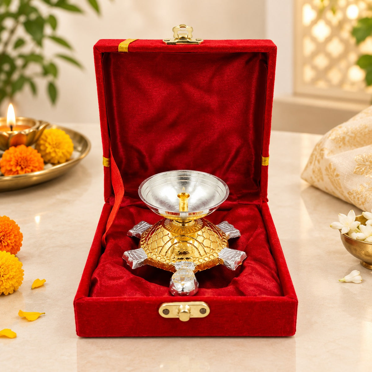 Gold Silver Turtle Diya Decorative Gift Set