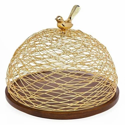 Luxury Gold Metal Serving Platter with Wooden Base & Bird Handle